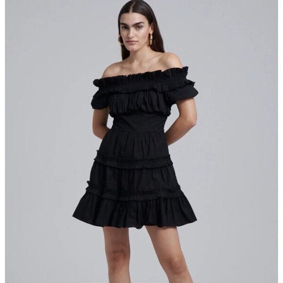 Anthropologie Love The Label Off The Shoulder Tiered Black Mini Dress Size Large - Picture 1 of 10